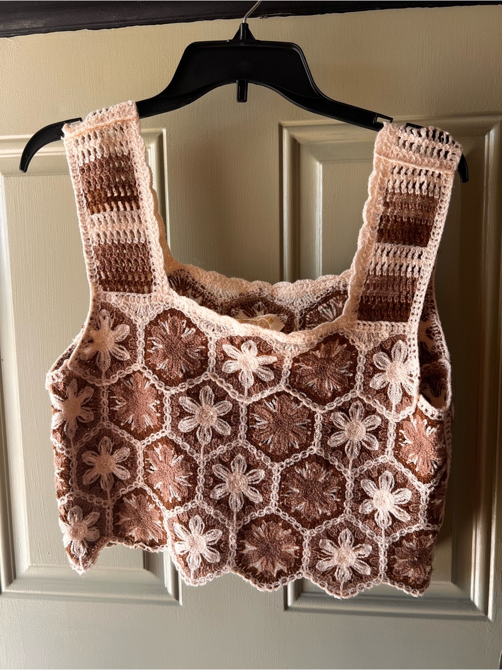 Rebellion Crochet Floral Tank Top - cream and Brown